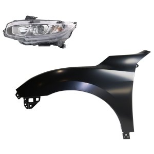 Headlight Assembly Kit for Honda Civic 2016-2018, Left (Driver) Side, Halogen, 2-Piece Set with Fender, Replacement