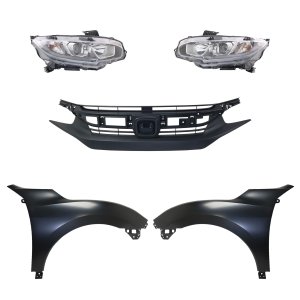 Headlight Assembly Kit for 2016-2018 Honda Civic, Right (Passenger) and Left (Driver), Halogen, 5-Piece Set with Fenders and Grille, Replacement