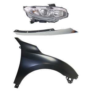 Headlight Assembly Kit for 2016-2018 Honda Civic, Right (Passenger) Side, Halogen, 3-Piece with Fender and Grille Extension, Replacement