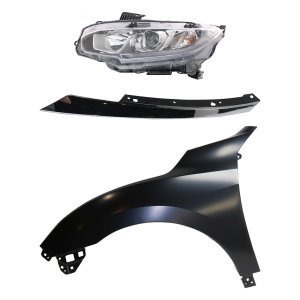 Headlight Assembly Kit for Honda Civic 2016-2018, Left (Driver) Side, Halogen, 3-Piece with Fender and Grille Extension, Replacement