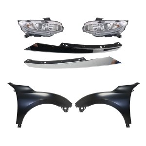 Headlight Assembly for Honda Civic 2016-2018, Right (Passenger) and Left (Driver), 6-Piece Kit, Halogen, with Fenders and Grille Extensions, Replacement