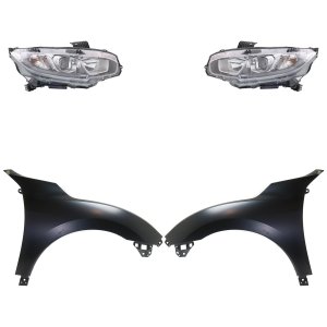 Headlight Assembly Kit for 2017-2018 Honda Civic, Right (Passenger) and Left (Driver) Sides, Halogen, 4-Piece Set with Fenders, Replacement