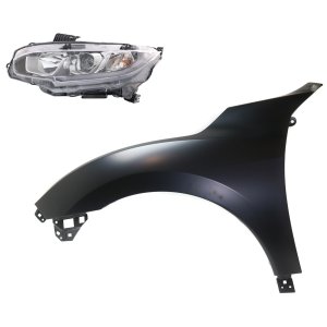 Headlight Assembly for Honda Civic 2017-2018, Left (Driver) Side, Halogen, 2-Piece Kit with Fender, Replacement