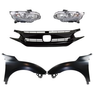 Headlight Assembly Kit for 2017-2018 Honda Civic, Right (Passenger) and Left (Driver), Halogen, 5-Piece with Grille and Fenders, Replacement