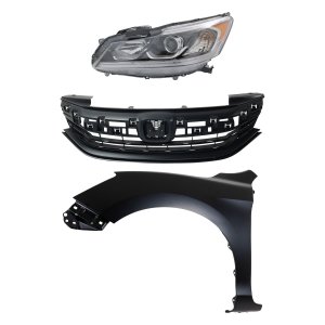 Headlight Assembly Kit for Honda Accord 2016-2017, Left (Driver), Halogen, 3-Piece with Fender and Grille, Replacement