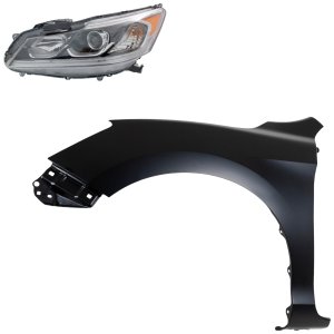 Headlight Assembly Kit for 2016-2017 Honda Accord, Left (Driver) Side, Halogen, 2-Piece Set with Fender, Replacement 