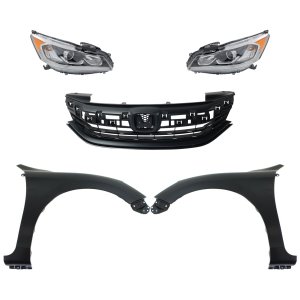 Headlight Assembly Kit for 2016-2017 Honda Accord, Right (Passenger) and Left (Driver), Halogen, 5-Piece Set with Fenders and Grille Assembly, Replacement