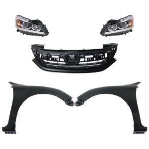 Headlight Assembly Kit for 2016-2017 Honda Accord, Right (Passenger) and Left (Driver) Halogen Headlights, 5-Piece Kit with Fenders and Grille Assembly Replacement