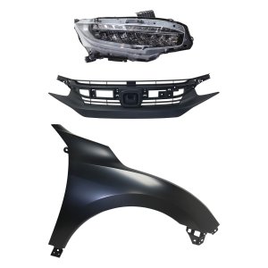 Headlight Assembly Kit for Honda Civic 2016-2018, Right (Passenger) Side, LED, 3-Piece Kit with Fender and Grille Assembly Replacement