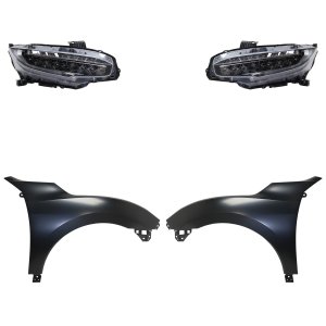Headlight Assembly for Honda Civic 2016-2018 - Right (Passenger) and Left (Driver), 4-Piece Kit with LED Fenders, Replacement