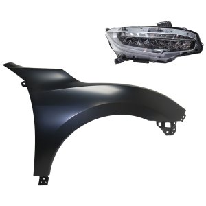 Headlight Assembly Kit for Honda Civic 2016-2018 Right (Passenger) Side, LED, 2-Piece Kit with Fender, Replacement