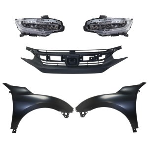 Headlight Assembly Kit for Honda Civic 2016-2018, Right (Passenger) and Left (Driver) LED, 5-Piece Kit, Includes Fenders and Grille Assembly Replacement