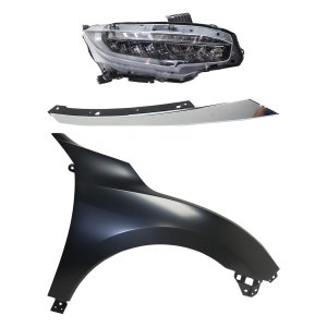 Headlight Assembly Kit for Honda Civic 2016-2018, Includes Right (Passenger) and Left (Driver) LED Headlights, 3-Piece Kit with Fender and Grille Assembly, Replacement