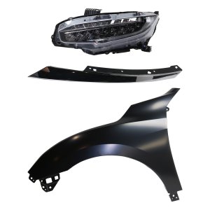 Headlight Assembly Kit for 2016-2018 Honda Civic, Left (Driver) Side, LED, 3-Piece Kit with Fender and Grille Extension, Replacement