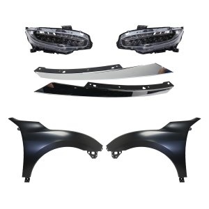 Headlight Assembly Kit for 2016-2018 Honda Civic: Right (Passenger) and Left (Driver) LED, 6-Piece Includes Fenders and Grille Assembly, Replacement