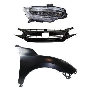 Headlight Assembly Kit for 2017-2019 Honda Civic, Right (Passenger) LED, 3-Piece with Fender and Grille Assembly Replacement