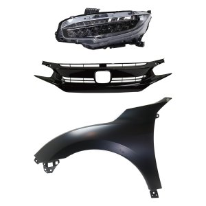 Headlight Assembly Kit for Honda Civic 2017-2019, Left (Driver) Side, LED, 3-Piece Set with Fender and Grille Assembly, Replacement