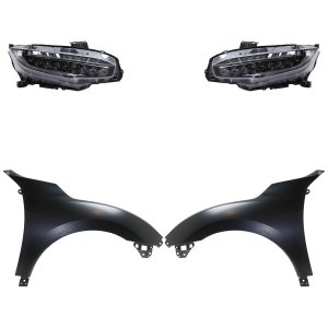 Headlight Assembly Kit for Honda Civic 2017-2019, Right (Passenger) & Left (Driver), LED, 4-Piece Kit with Fenders, Replacement