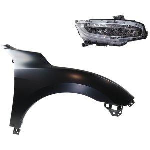 Headlight Assembly Kit for 2017-2019 Honda Civic, Right (Passenger) LED, 2-Piece with Fender, Replacement