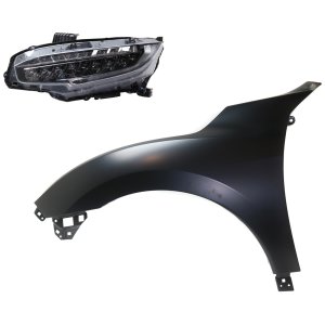 Headlight Assembly Kit for 2017-2019 Honda Civic, Left (Driver) Side LED, 2-Piece Kit with Fender, Replacement