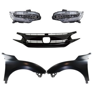 Headlight Assembly for Honda Civic 2017-2019, Right (Passenger) and Left (Driver), LED, 5-Piece Kit with Fenders and Grille Assembly, Replacement