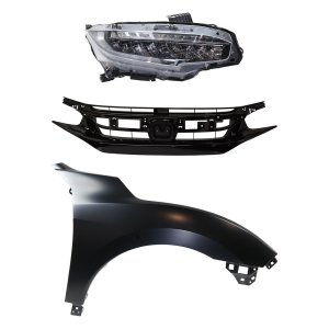 Headlight for Honda Civic 2019, Right (Passenger) LED Assembly, 3-Piece Kit with Fender and Grille Assembly, Replacement