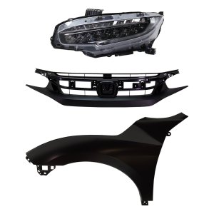 Headlight Assembly Kit for 2019 Honda Civic, Left (Driver) Side, LED, 3-Piece with Fender and Grille, Replacement