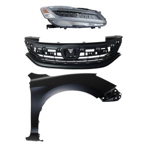 Headlight Assembly Kit for 2016-2017 Honda Accord, Right (Passenger), LED, 3-Piece Set with Fender and Grille Assembly Replacement