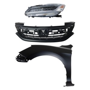 Headlight Assembly for 2016-2017 Honda Accord, Left (Driver) LED, 3-Piece Kit with Fender and Grille, Replacement