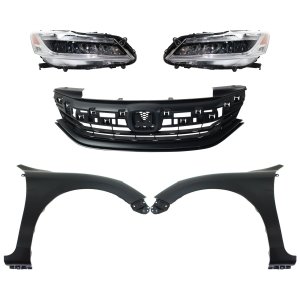 Headlight Assembly Kit for 2016-2017 Honda Accord, Right (Passenger) and Left (Driver), LED, 5-Piece Kit with Fenders and Grille Assembly, Replacement