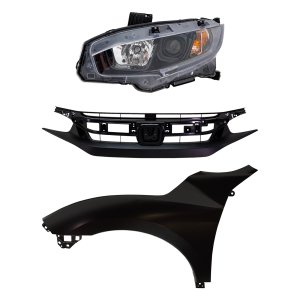 Headlight Assembly Kit for 2019-2021 Honda Civic, Left (Driver) Side, Halogen, 3-Piece Set with Fender and Grille, Replacement