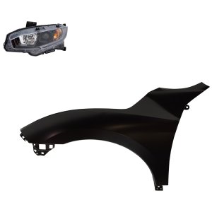 Headlight Assembly for 2019-2021 Honda Civic, Left (Driver) Side, Halogen, 2-Piece Kit with Fender, Replacement