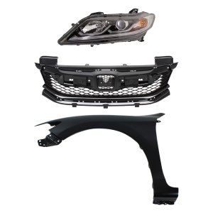 Headlight Assembly Kit for 2016-2017 Honda Accord, Left (Driver), Halogen, 3-Piece Kit with Fender and Grille Assembly, Replacement