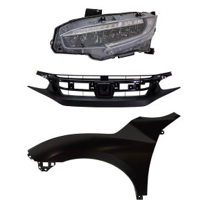 Headlight Assembly Kit for Honda Civic 2019, Left (Driver) LED, 3-Piece including Fender and Grille Assembly, Replacement