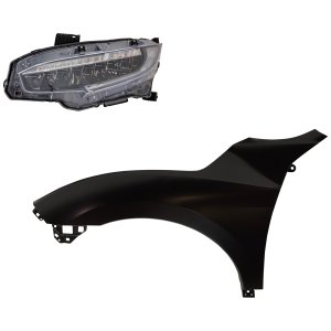Headlight Assembly Kit for 2019 Honda Civic, Left (Driver) LED, 2-Piece Kit with Fender, Replacement