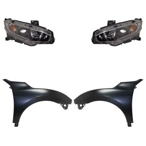 Headlight Assembly Kit for 2018 Honda Civic, Right (Passenger) and Left (Driver), Halogen, 4-Piece Kit with Fenders, Replacement