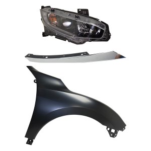 Headlight Assembly Kit for Honda Civic 2018, Right (Passenger) Side, Halogen, 3-Piece Kit, with Fender and Grille Extension, Replacement