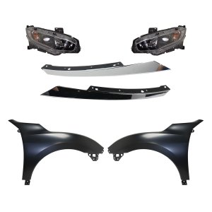 Headlight Assembly Kit for 2018 Honda Civic, Right (Passenger) and Left (Driver), 6-Piece Halogen Kit with Fenders and Grille Assembly Replacement