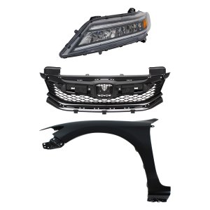 Headlight Assembly Kit for 2016-2017 Honda Accord, Left (Driver) Side, 3-Piece Including LED Light, Fender and Grille, Replacement