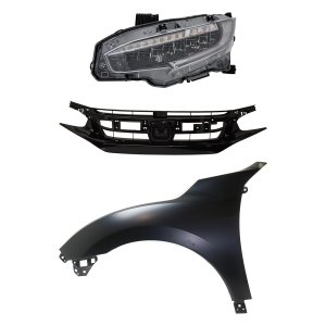 Headlight Assembly Kit for 2020 Honda Civic, Left (Driver) LED, 3-Piece with Fender and Grille Assembly, Replacement
