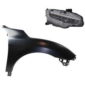 LED Headlight Assembly for Honda Civic 2020-2020, Right (Passenger) Side, 2-Piece Kit with Fender, Replacement