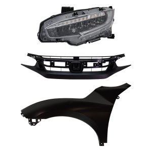 Headlight Assembly Kit for Honda Civic 2020, Left (Driver) side, LED, 3-Piece Set, Includes Fender and Grille Assembly, Replacement 
