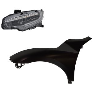 Headlight Assembly Kit for 2020 Honda Civic, LED Left (Driver) Side, with Fender, 2-Piece, Replacement