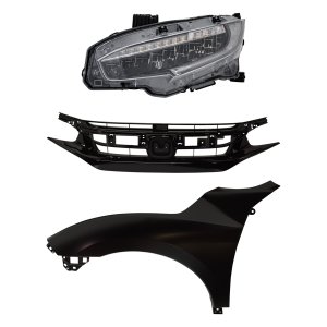 LED Headlight Assembly for 2020 Honda Civic, 3-Piece Kit with Left (Driver) Headlight, Fender and Grille Assembly, Replacement