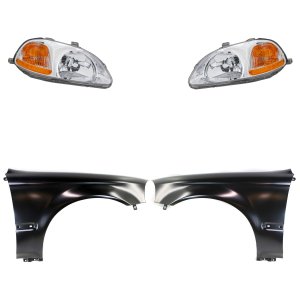 Headlight Replacement Kit for Honda Civic 1996-1998, Right (Passenger) and Left (Driver), Lens and Housing, Halogen, 4-Piece Kit with Fenders