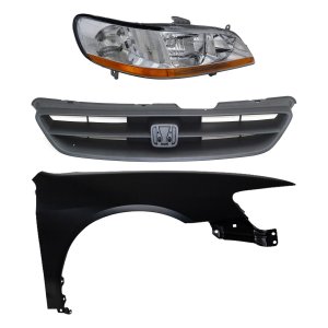 Headlight Kit for Honda Accord 1998-2000 Right (Passenger), Includes Lens and Housing, Halogen, 3-Piece Set, with Fender and Grille, Replacement