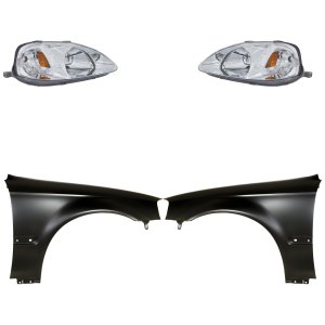 Headlight Kit for 1999-2000 Honda Civic, Right (Passenger) and Left (Driver), Lens and Housing, Halogen, 4-Piece with Fenders, Replacement