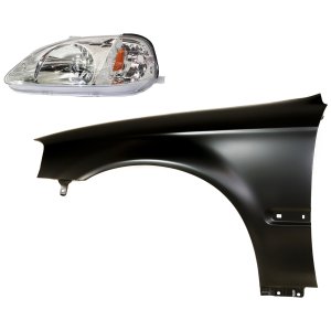 Headlight Kit for Honda Civic 1999-2000: Includes Left (Driver) Lens and Housing, Halogen, 2-Piece Set with Fender, Replacement