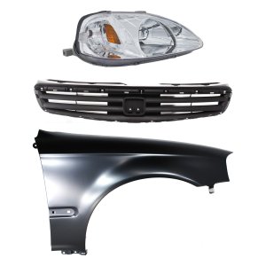 Headlight for 1999-2000 Honda Civic, Right (Passenger) Side, Lens and Housing, Halogen, 3-Piece Kit with Fender and Grille Assembly, Replacement