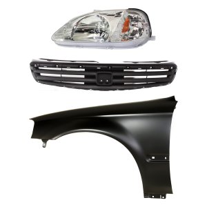 Headlight Kit for Honda Civic 1999-2000, Left (Driver) Side with Lens and Housing, Halogen, 3-Piece, includes Fender and Grille Assembly, Replacement